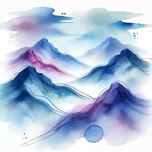 May include: Watercolor painting of a blue and purple mountain range with a white background. The mountains are painted in a soft, abstract style, with delicate lines and washes of color.