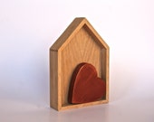 Wood House with Heart, Wooden House  Decor, Oak Wooden House, Red Heart