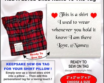 May include: A red and black checked shirt with a white tag that reads "This is a shirt I used to wear..." and a red heart. The image also includes a tag that says "Ready to Sew On" and a tag that says "Keepsake Sew On Tag".