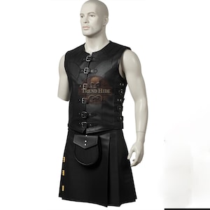 Handmade Black Leather Gladiator Kilt & Vest for Men - Medieval Cosplay Costume | Warrior Outfit | LARP Renaissance Fair Attire