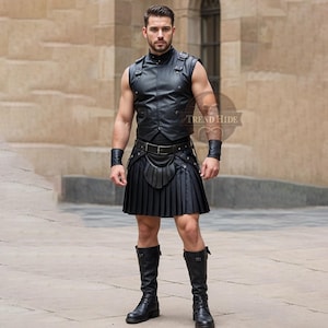 Men’s Genuine Leather Long Kilt, Black Handmade Kilt, Pleated Gladiator Kilt, Utility Leather Skirt for, Cosplay, Scottish Festival Wear