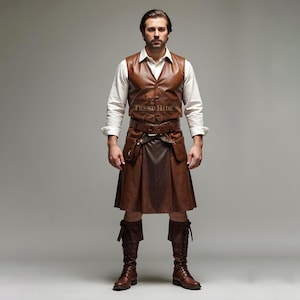 Genuine Brown Leather Bar Vest & Gladiator Kilt for Men | Handmade Warrior Outfit | LARP, Gothic, Renaissance Fair Costume