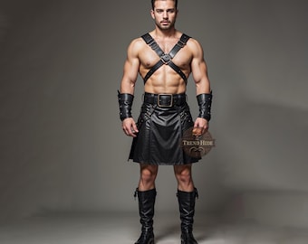 Mens Handmade Leather Gladiator Kilt: Steampunk Rave Skirt