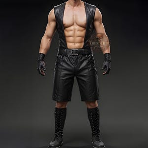Handmade Black Leather Cargo Shorts & Bar Vest for Men | Stylish Leather Cargo Shorts And Vest Combo | Custom Fit Men’s Leather Outfit