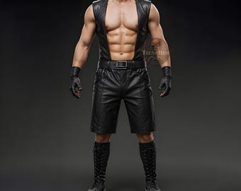 Handmade Black Leather Cargo Shorts & Vest Outfit: Custom Fit