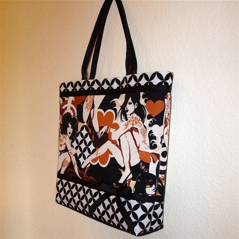 Inked tattooed pin-up girls in chocolate, large tote bag with key leash image 3