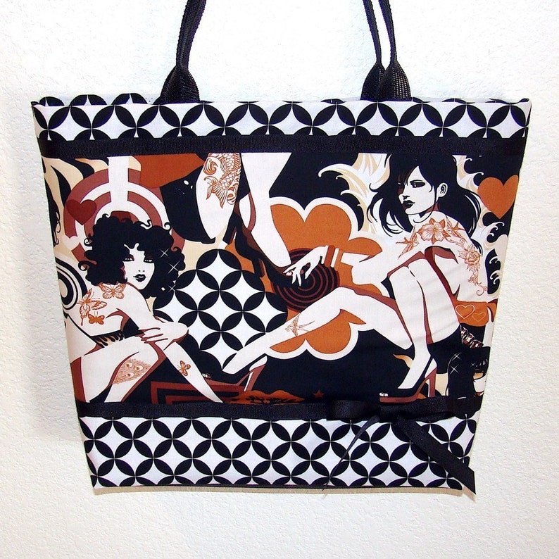 Inked tattooed pin-up girls in chocolate, large tote bag with key leash image 1