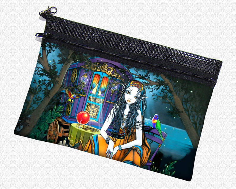 Gypsy Fortune Teller zippered bag Fairy Elf Girl wristlet travel bag, Myka Jelina Remember Me