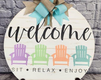 Welcome Summer Door Sign: Hand-Painted Adirondack Chairs, Beach Decor