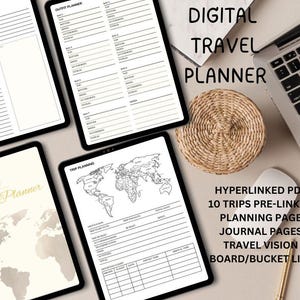 May include: Digital travel planner with a world map, a list of outfit planner pages, and a trip planning page. The planner is a hyperlinked PDF with 10 trips pre-linked, planning pages, journal pages, travel vision board, and bucket list.