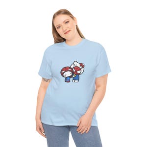 Spiderman x Hello Kitty Love Unisex Tee, Superhero Cartoon Crossover T-Shirt, Comic Book Gift, Casual Top for Fans, Cute Graphic Shirt Light Blue