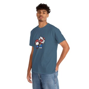 Spiderman x Hello Kitty Love Unisex Tee, Superhero Cartoon Crossover T-Shirt, Comic Book Gift, Casual Top for Fans, Cute Graphic Shirt Indigo Blue