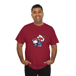 Spiderman x Hello Kitty Love Unisex Tee, Superhero Cartoon Crossover T-Shirt, Comic Book Gift, Casual Top for Fans, Cute Graphic Shirt Cardinal Red