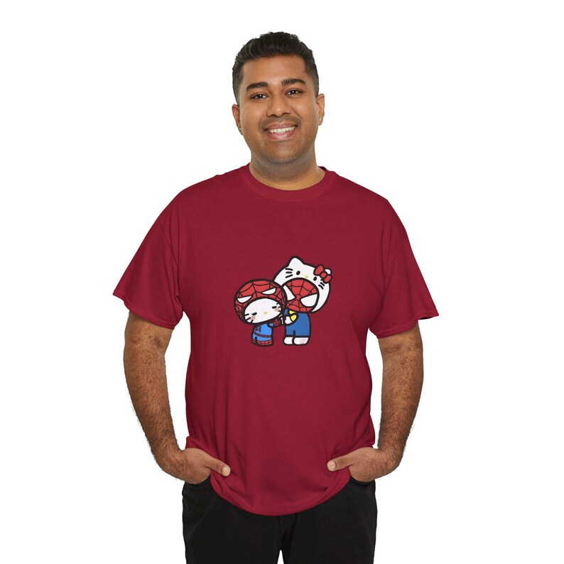 Spiderman x Hello Kitty Love Unisex Tee, Superhero Cartoon Crossover T-Shirt, Comic Book Gift, Casual Top for Fans, Cute Graphic Shirt Cardinal Red