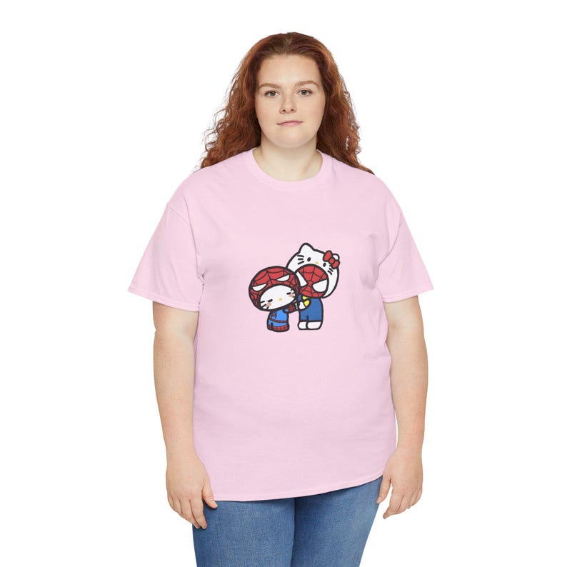 Spiderman x Hello Kitty Love Unisex Tee, Superhero Cartoon Crossover T-Shirt, Comic Book Gift, Casual Top for Fans, Cute Graphic Shirt Light Pink