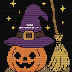 Spooky pumpkin with witch hat and broom cross stitch pattern- PDF Beginner friendly