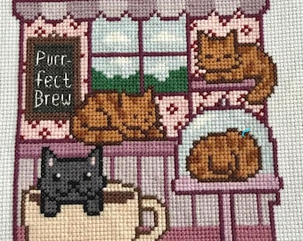 コーヒーカップに入った子猫と豆のクロスステッチ図案（PDF） - Etsy 日本