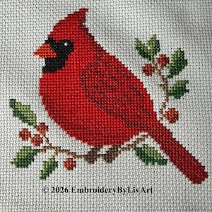 Cardinal on Holly Branch Cross Stitch Pattern - Winter Bird PDF Download