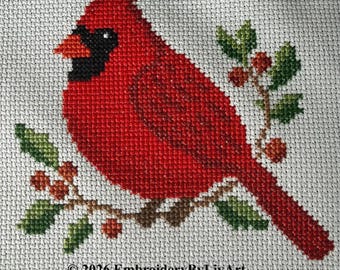 Cardinal on Holly Branch Cross Stitch Pattern - Winter Bird PDF Download