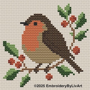 Robin on a Holly Branch – 54x54 Winter Bird Cross Stitch Pattern