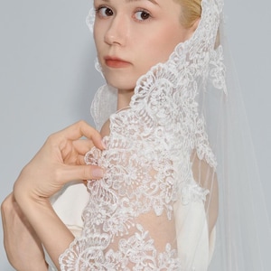 Chantilly Lace Cathedral Veil with Blusher, Long Mantilla Wedding Veil