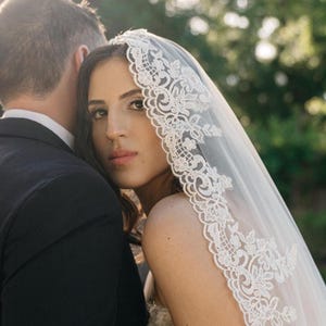 Cathedral Lace Bridal Veil,  Mantilla Wedding Veil with Comb, 2 Tier Drop Veil with Blusher, Church Veil with Lace Trim, Custom Long Veil