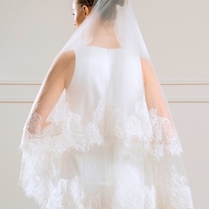 French Lace Wedding Veil, Ivory Tulle Mantilla, 2 Tier with Blusher, Long Cathedral Length