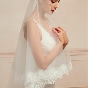 Ivory Lace Cathedral Wedding, 2‑Tier Blusher Bridal Veil, Custom Length