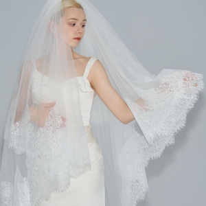 French Lace Bridal Veil, 2 Tier Cathedral Veil with Blusher and Comb, Mantilla Lace Veil, Soft Tulle Wedding Veil, Scalloped Church Veil