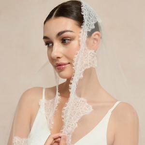 Ivory Lace Trim Cathedral Mantilla Veil – Single Tier Bridal Veil with Comb, Custom Length