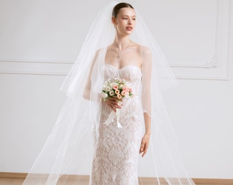 French Lace Cathedral Wedding Veil, 2-Tier Ivory Tulle, Blusher
