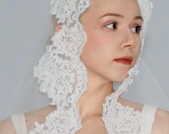 Velo de novia de encaje, mantilla de novia color marfil, velo catedral
