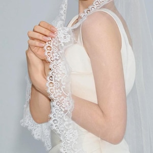 Lace Bridal Veil with Comb, Cathedral Mantilla Veil, 2 Tier Ivory Wedding Veil with Blusher, Scalloped Lace Church Veil