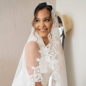 Scalloped Lace Mantilla Veil, French Lace Bridal Veil, Ivory Soft Tulle Veil, 2 Tier Veil  with Blusher, Custom Long Church Veil