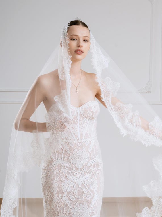 Cathedral Chantilly Lace Bridal Veil, 2 Tier Veil with Blusher, Mantilla Wedding Veil