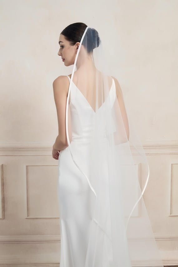 ivory satin ribbon for wedding dress Veil, Minimalist Cathedral Bridal Veil with Comb, Simple One Tier Comfortable year round dresses