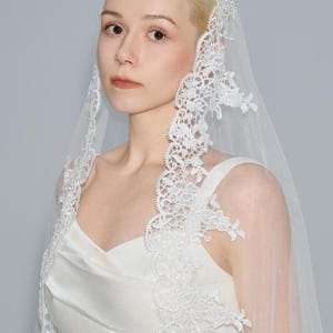 Cathedral Mantilla Wedding Veil with Comb – Ivory Lace, Soft Tulle, Scalloped Trim, Custom Long 2 Tier Veil with Blusher