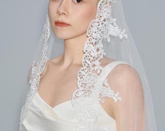 Cathedral Mantilla Wedding Veil – Ivory Lace, Scalloped Tulle, 2 Tier Blusher