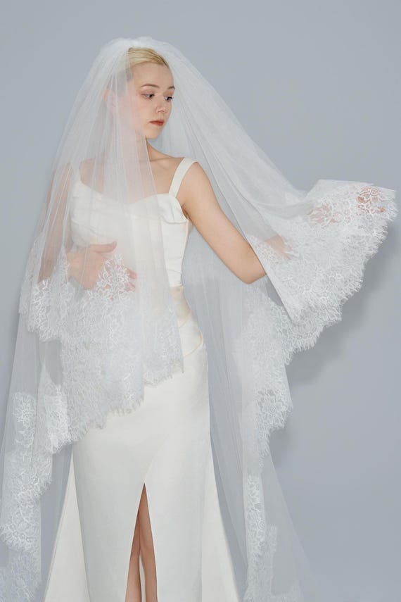 French Lace Cathedral Veil, 2 Tier Wedding Veil with Blusher, Long Custom Veil