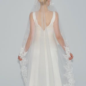May include: A white bridal veil with a delicate lace trim. The veil is long and flowing, and it is worn over a white dress.