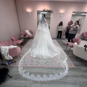 Bruidssluier van Chantilly-kant in kathedraalstijl, 2-laags sluier met blusher, mantilla bruidssluier afbeelding 12