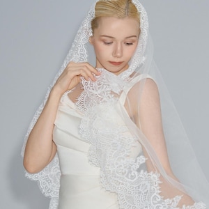 Cathedral Mantilla Lace Wedding Veil, Scalloped Trim, Handmade