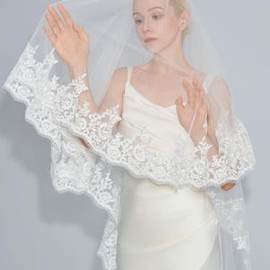 Chantilly Lace Bridal Veil, Cathedral Wedding Veil with Floral Lace Trim, 2 Tier Lace Veil with Blusher, Custom Catholic Veil, Church Veil