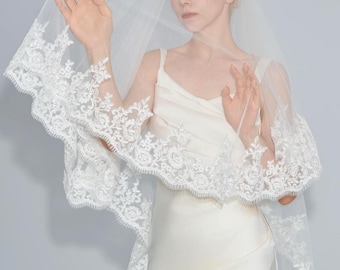 Chantilly Lace Cathedral Veil, 2 Tier Wedding Veil with Blusher