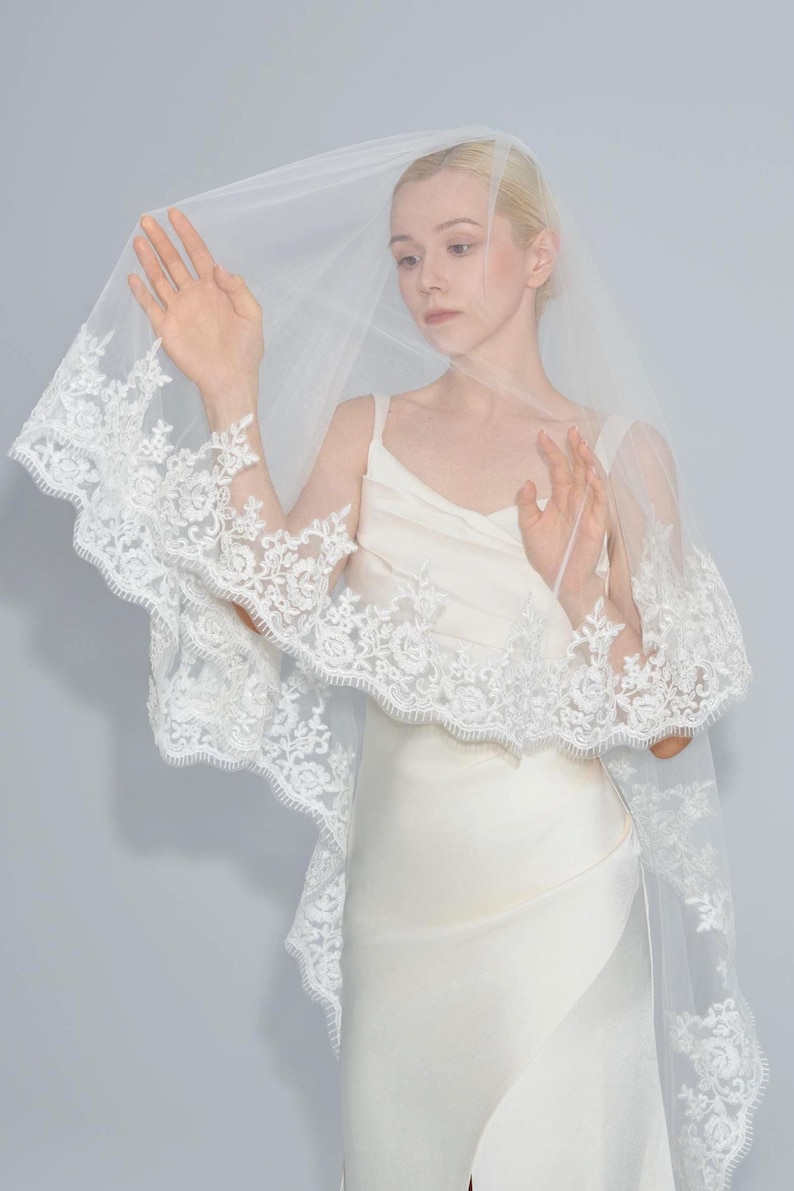 Chantilly Lace Cathedral Veil, 2 Tier Wedding Veil with Blusher