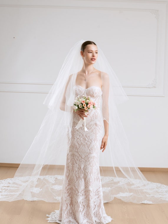 2層のレースの結婚式のベール、シャンパンのアップリケ、櫛付きの見事なロングブライダルベール、2019 - AliExpress 3/4/5M ブライダルベール 2段 ソフトチュール レース アップリケ エッジ ロング カテドラルベール 花嫁 ウェディングアクセ