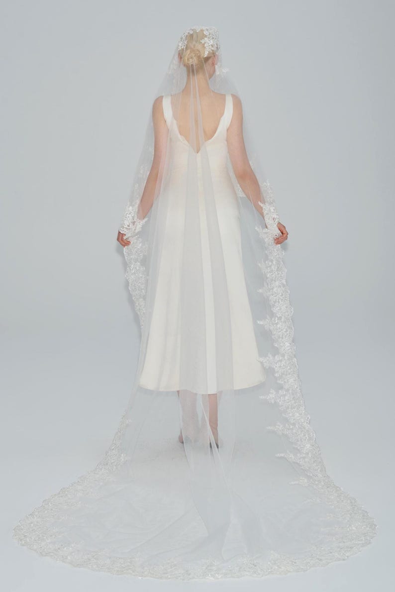 May include: A white bridal veil with a delicate lace trim. The veil is long and flowing, with a scalloped edge.
