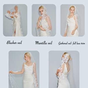 May include: Five different styles of wedding veils, each with a different lace trim. The veils are shown on models wearing white dresses. The styles are: Blusher veil, Mantilla veil, Gathered veil - full lace trim, Gathered veil - lace bottom, and Gathered veil - lace top.