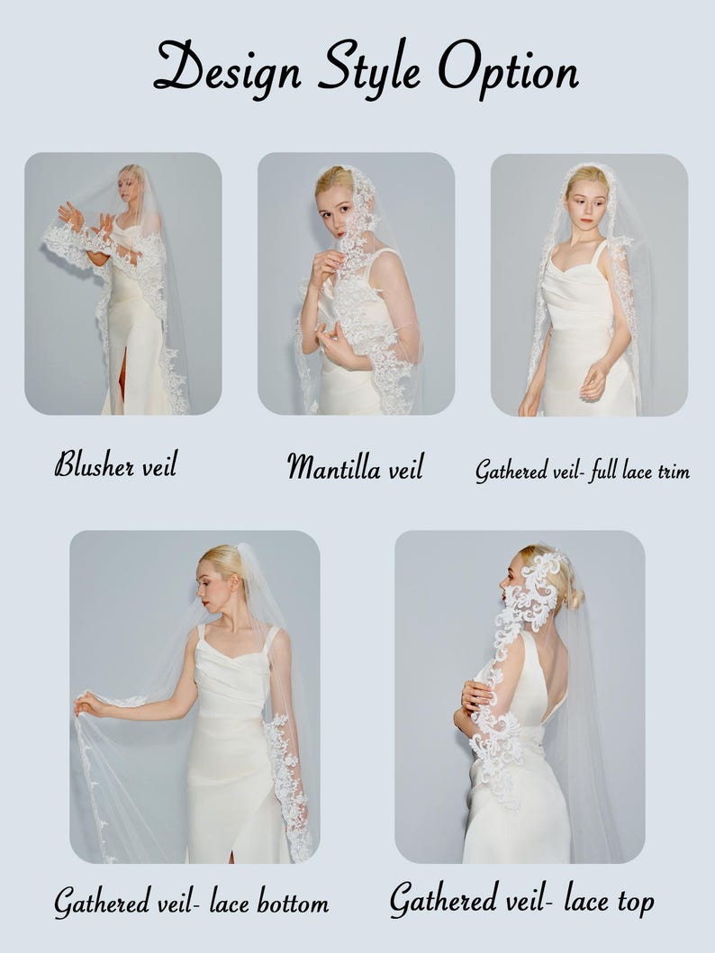 May include: Five different styles of wedding veils, each with a different lace trim. The veils are shown on models wearing white dresses. The styles are: Blusher veil, Mantilla veil, Gathered veil - full lace trim, Gathered veil - lace bottom, and Gathered veil - lace top.