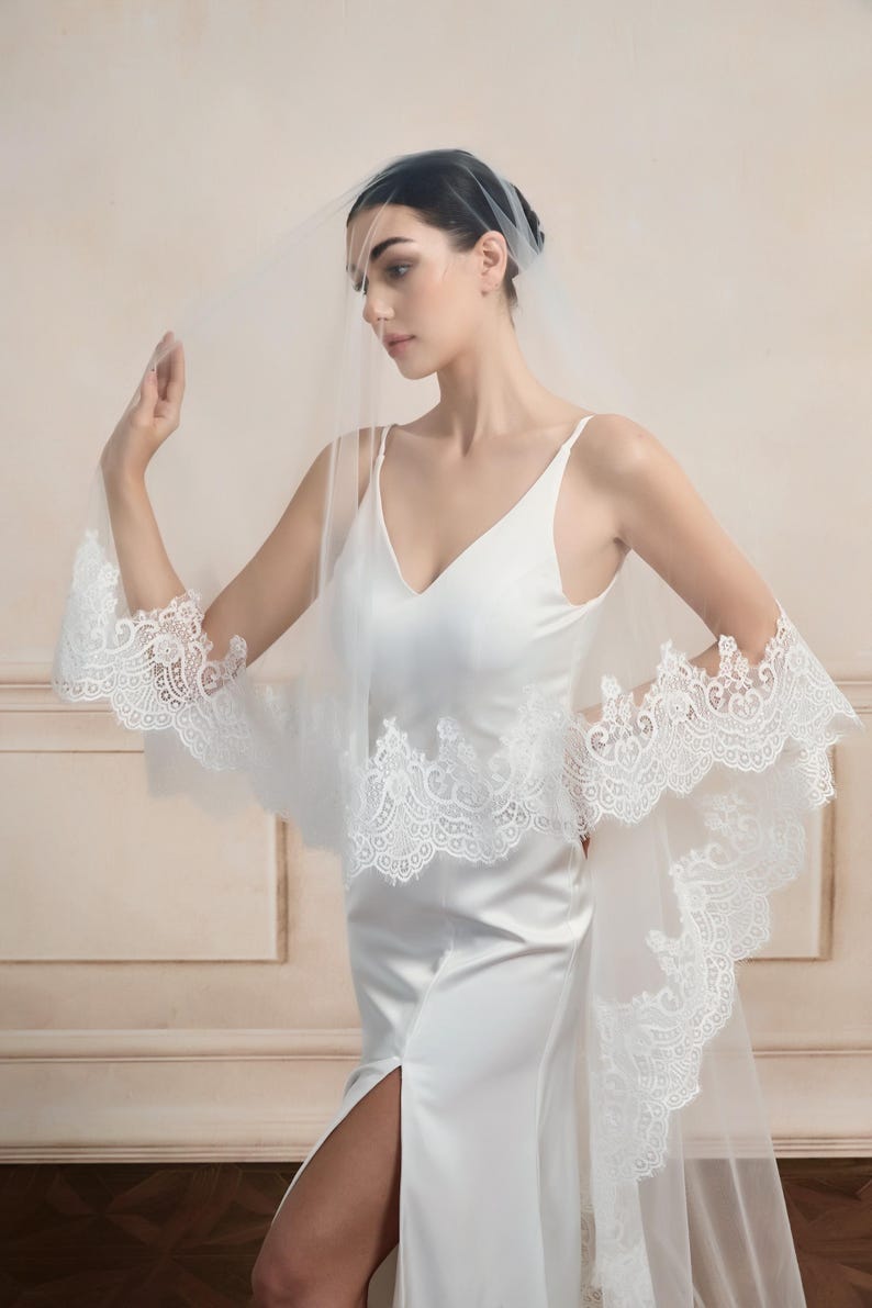 Cathedral Wedding Veil, Chantilly Lace, 2-Tier Bridal Veil with Blusher, Custom Length